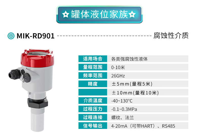 彩名堂MIK-RD901高频雷达液位计产品参数表