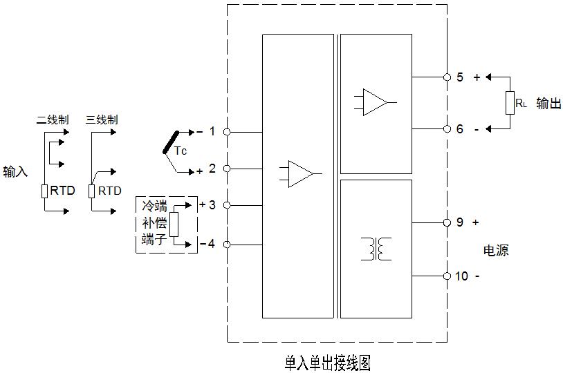 单入单出温度隔离器接线图