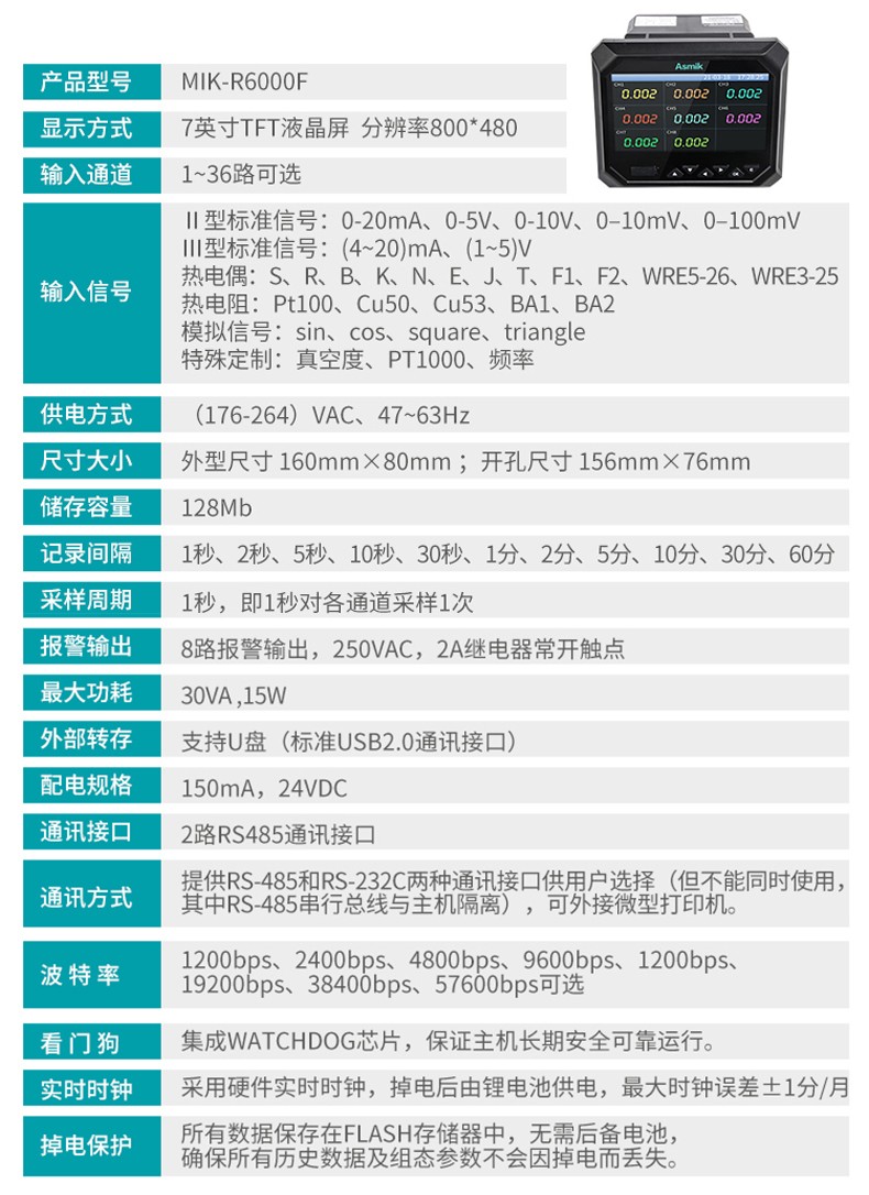 彩名堂MIK-R6000F无纸记录仪产品参数表